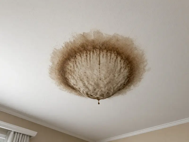 Brown water stain spreading across a white bedroom ceiling with a drip forming