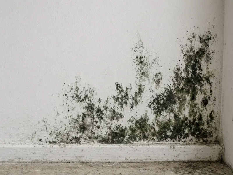 Black and green mold growing on the lower part of a white drywall wall near the baseboard
